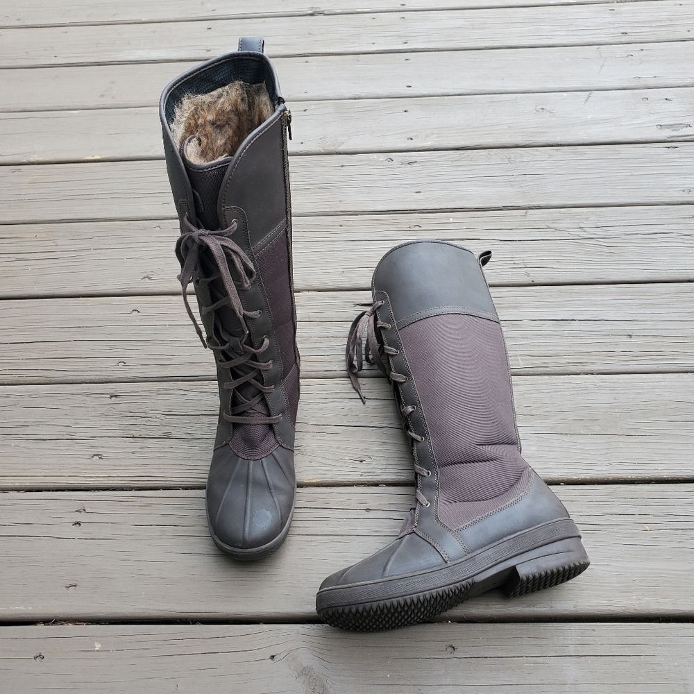 Clarks Carima‎ Pluma Brown Canvas Leather Faux Fur Lined Waterproof Duck Boots